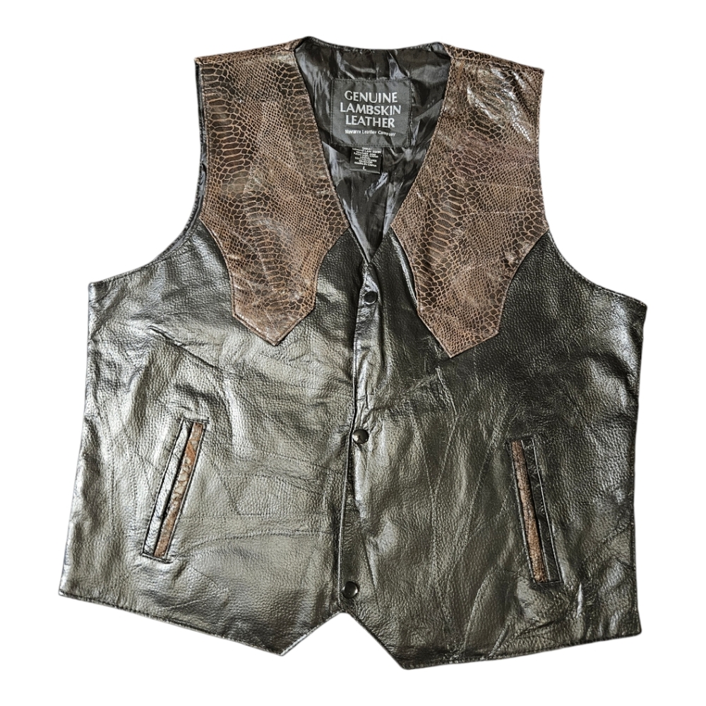Navarre Leather Company Genuine Lambskin Vest Vintage Size L Black with Brown